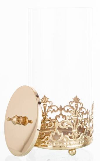 RIKA pojemnik dekoracyjny z metalowym ornamentem i pokrywką, wys. 24 cm