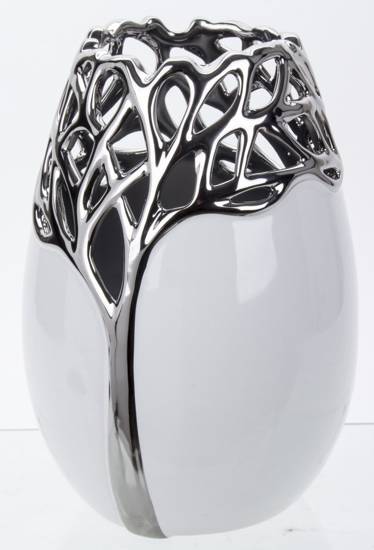 RONNIE wazon biały ze srebrnymi ażurowymi wstawkami, wys. 33 cm