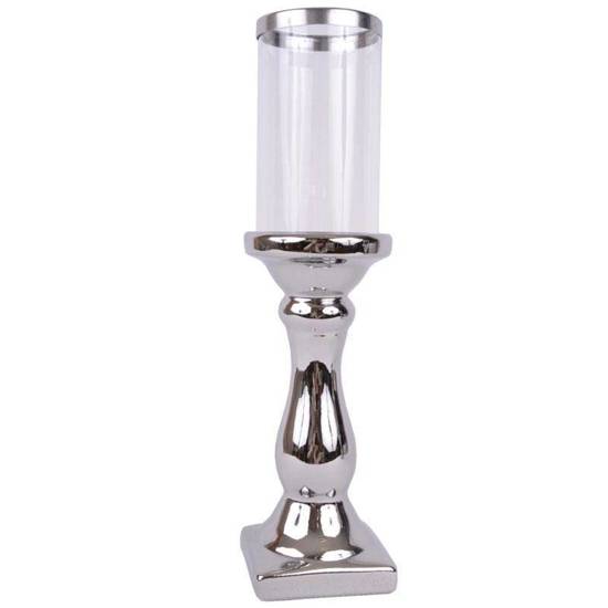 ROXE świecznik ceramiczny ze szklanym kloszem srebrny, wys. 36 cm