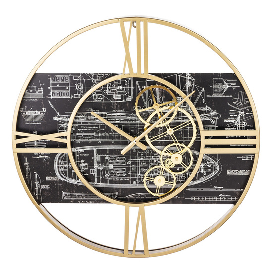 SAILOR zegar złoty z rysunkiem technicznym łodzi na tarczy, Ø 60 cm