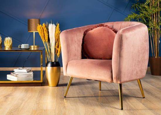 SALI fotel tapicerowany różowy na złotych nogach, wys. 76 cm