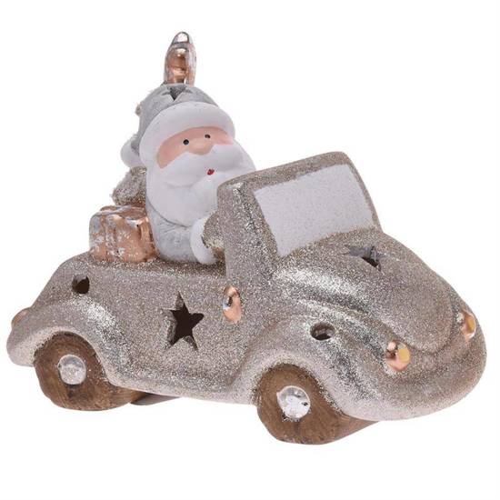 SANSA ozdoba świąteczna ceramiczna Mikołaj w samochodzie świecąca, 15x9x11 cm