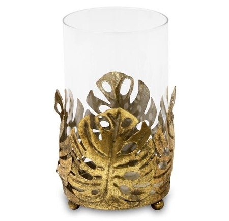SARITA świecznik, złoty liście monstery ze szklanym kloszem, wys. 18 cm