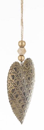 SERCE zawieszka metalowa złota przecierana na jutowym sznurku z koralikami, wys. 11 cm