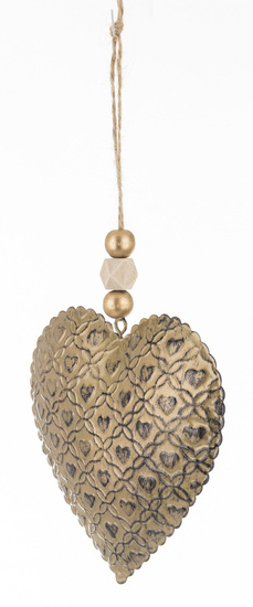 SERCE zawieszka metalowa złota przecierana na jutowym sznurku z koralikami, wys. 11 cm
