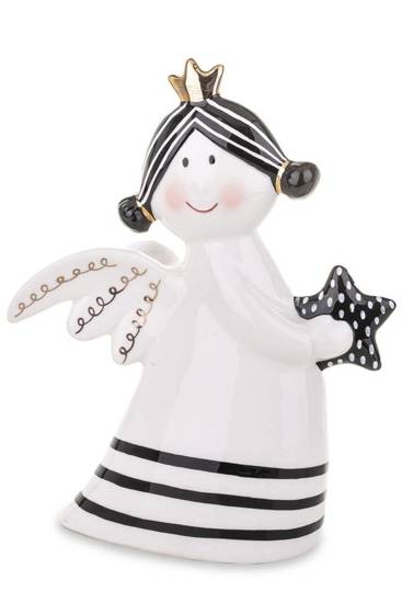 SHELLY figurka anioł z ceramiki szlachetnej czarno-biały ze złotymi elementami, wys. 21 cm