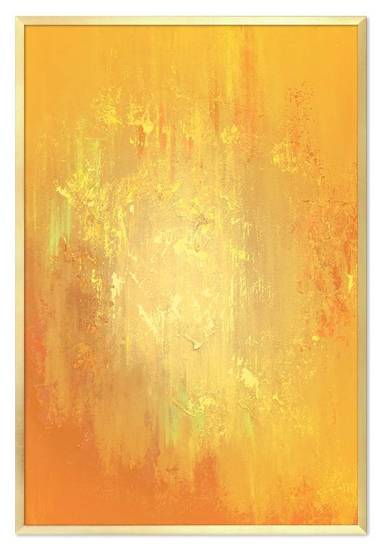 SŁONECZNY BRZASK - ABSTRAKCJA obraz ręcznie malowany w odcieniach żółtych i pomarańczowych w złotej ramie, 63x93 cm