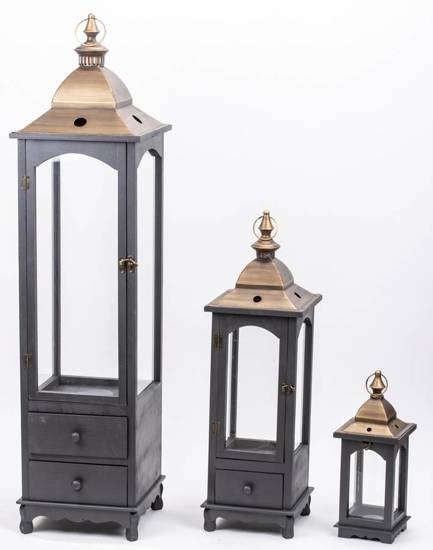 SOREN komplet trzech drewnianych lampionów z wysuwanymi szufladami czarno-brązowe, wys. 46 cm, 85 cm, 130 cm