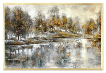 SPOKOJNA RZEKA obraz ręcznie malowany w złotej ramie, 63x93 cm