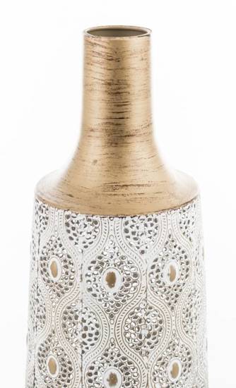TURKE wazon metalowy biało-złoty bogato zdobiony w ażurowy wzór, wys. 63 cm