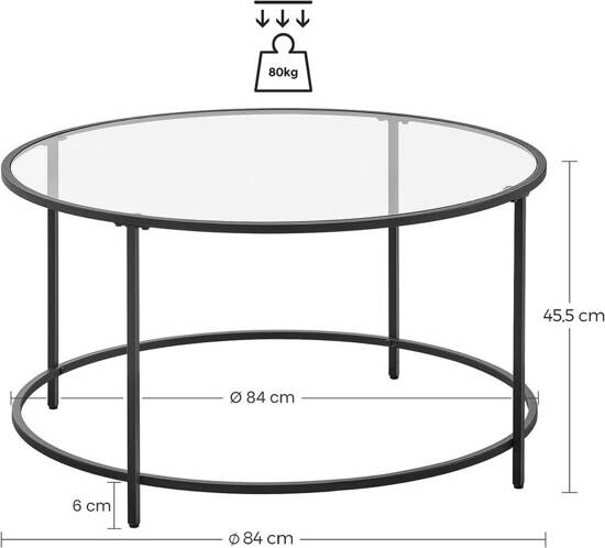 TYKLA okrągły stolik kawowy szklany z czarną metalową ramą, Ø 84 cm