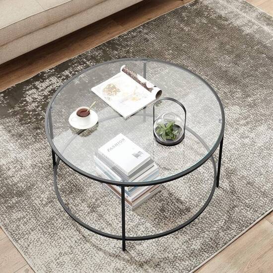 TYKLA okrągły stolik kawowy szklany z czarną metalową ramą, Ø 84 cm