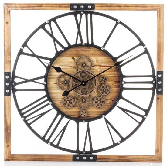 WOOD zegar kwadratowy czarno-brązowy z widocznym mechanizmem w stylu loft, 65x5 cm