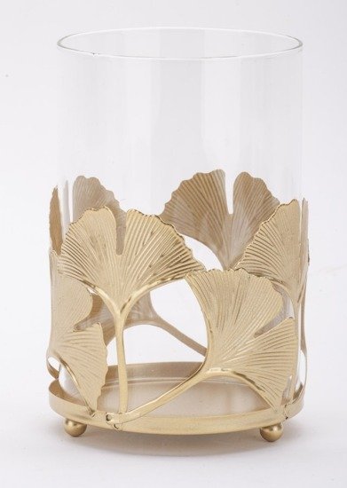 ZŁOTE KWIATKI świecznik metalowy ze złotymi liśćmi miłorzębu, wys. 16 cm
