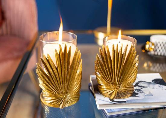 ZŁOTY LIŚĆ świecznik ze złotym liściem wachlarz, wys. 21 cm