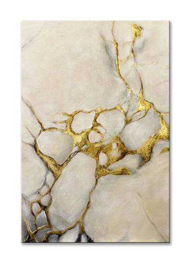 ZŁOTY MARMUR obraz abstrakcyjny ręcznie malowany biały ze złotym, 80x120 cm